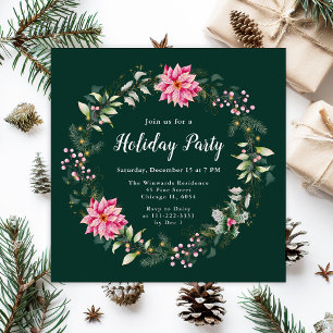 Invitation Couronne de Noël aux poinsettias roses pour fête d