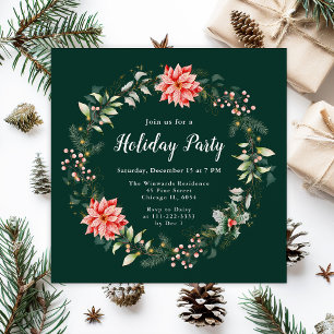 Invitation Couronne de Noël aux Poinsettias Rouges pour Fête 