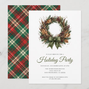 Invitation Couronne de Noël festive à carreaux pour fête de f