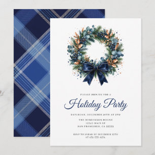 Invitation Couronne de Noël festive bleue pour la fête des Fê