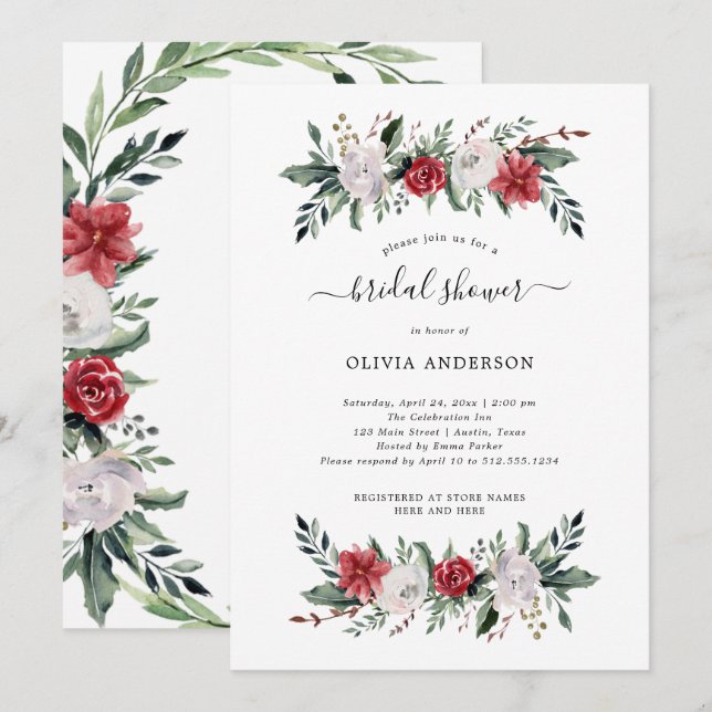 Invitation Couronne de Noël | Floral Holiday Fête des mariées (Devant / Derrière)