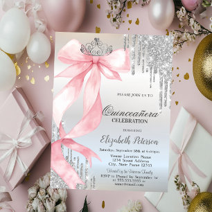 Invitation Couronne de nœud rose pailletée Quinceañera argent