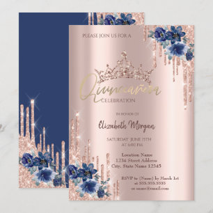 Invitation Couronne de paillettes gouttes fleurs bleues Quinc
