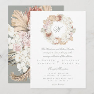 Invitation Couronne de Pampas Mousse Sage Vert Monogramme Élé