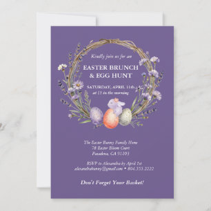 Invitation Couronne de Pâques à l'aquarelle lavande Œufs Lapi