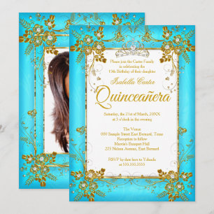Invitation Couronne de photos de Quinceanera sarcelle bleu or