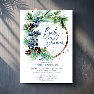 Invitation Couronne de pins enneigés pour baby shower d'hiver