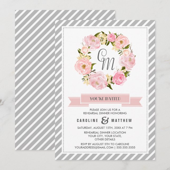 Invitation Couronne de pivoines roses pour dîner de répétitio (Devant / Derrière)