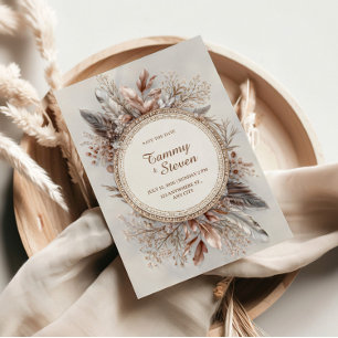 Invitation Couronne de plumes Boho tons terre cadre doré mari