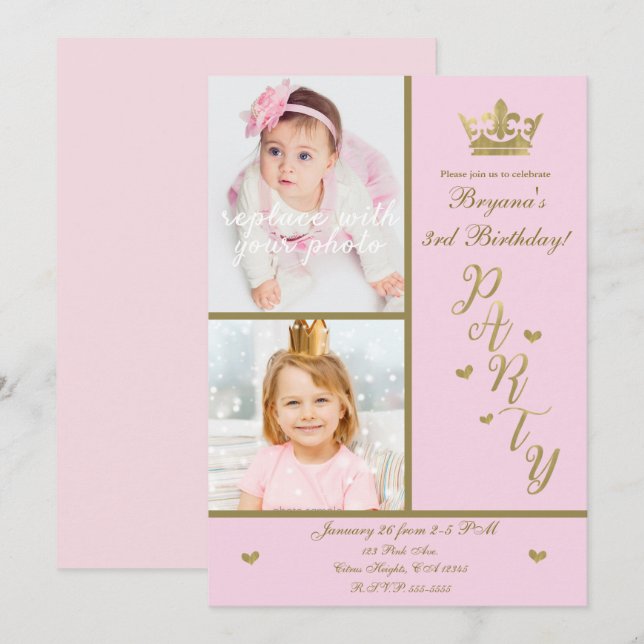 Invitation Couronne de princesse coeurs rose et or 2 photos p (Devant / Derrière)