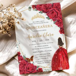 Invitation Couronne de princesse en or floral de roses rouges