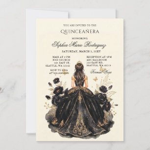 Invitation Couronne de princesse en or noir florale Quinceañe