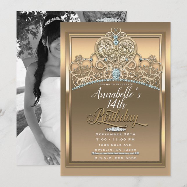 Invitation Couronne de princesse Glam or coeur pour anniversa (Devant / Derrière)