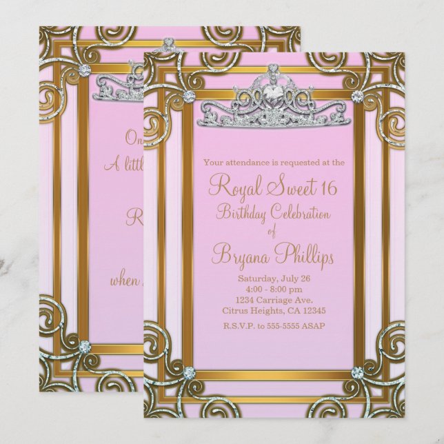 Invitation Couronne de princesse rose et or, Tiara Sweet 16 P (Devant / Derrière)