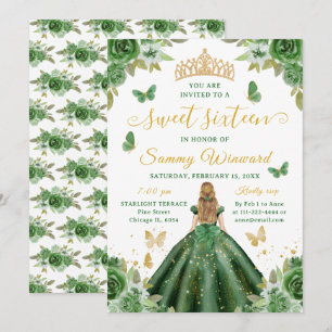 Invitation Couronne de Princesse Seize Ans Sucrée Fleurs Vert