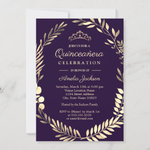 Invitation Couronne de Quinceanera élégante violette et or aq