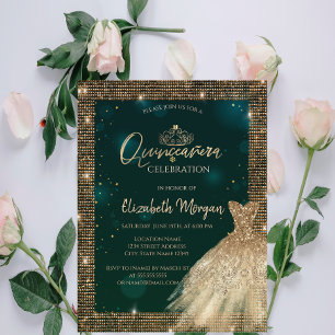 Invitation Couronne de Quinceañera en vert chic or avec diama