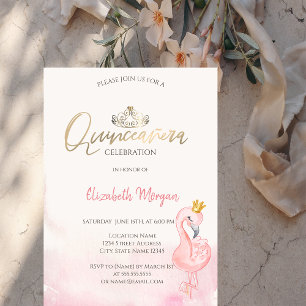 Invitation Couronne de Quinceañera Flamants Roses Or