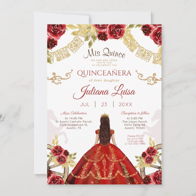 Invitation Couronne de Quinceañera Mexicaine Dorée pour Cheva (Devant)
