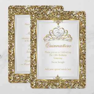 Invitation Couronne de Quinceanera or et paillettes perle bla