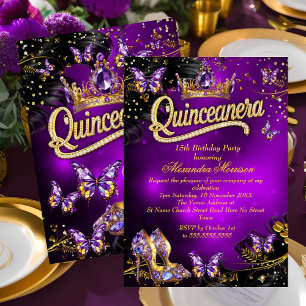 Invitation Couronne de Quinceanera Or Papillons Violets 15ème