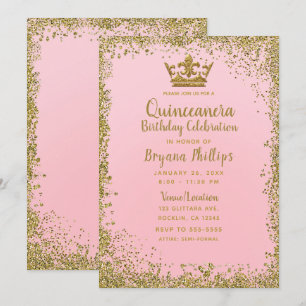 Invitation Couronne de Quinceañera rose poudré et doré paille