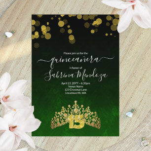 Invitation Couronne de Quinceanera vert foncé et or