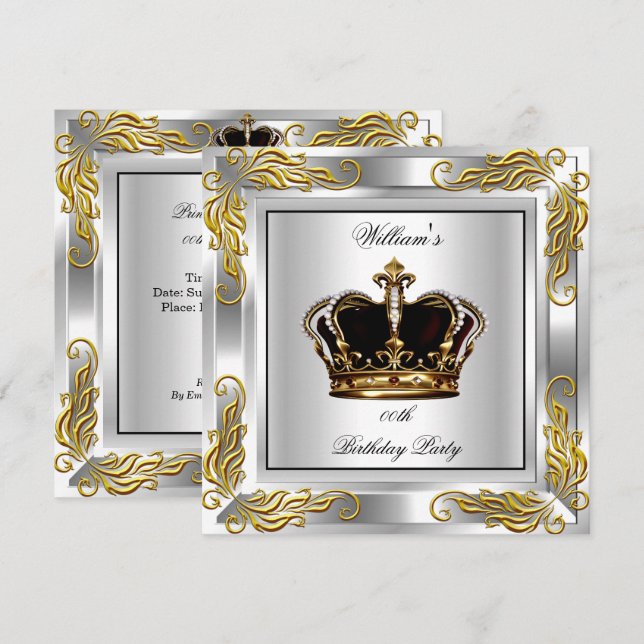 Invitation Couronne de roi pour homme argentée pour fête d'an (Devant / Derrière)