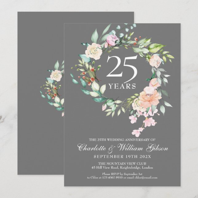 Invitation Couronne de roses argentées pour le 25e anniversai (Devant / Derrière)