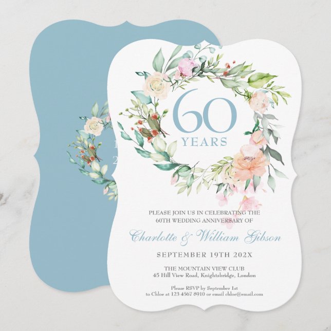 Invitation Couronne de roses d'été pour les 60 ans / 75 ans d (Devant / Derrière)