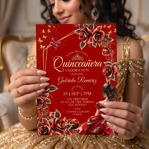 Invitation Couronne de roses dorées rouges Papillon Quinceañe