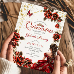 Invitation Couronne de roses dorées rouges pour Quinceañera p