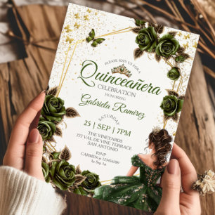 Invitation Couronne de roses dorées vertes pour Quinceañera p