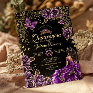 Invitation Couronne de roses dorées violettes pour Quinceañer