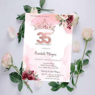 Invitation Couronne de roses pailletées or rose pour 35e anni