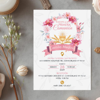 Invitation Couronne de roses roses avec calice Première Commu