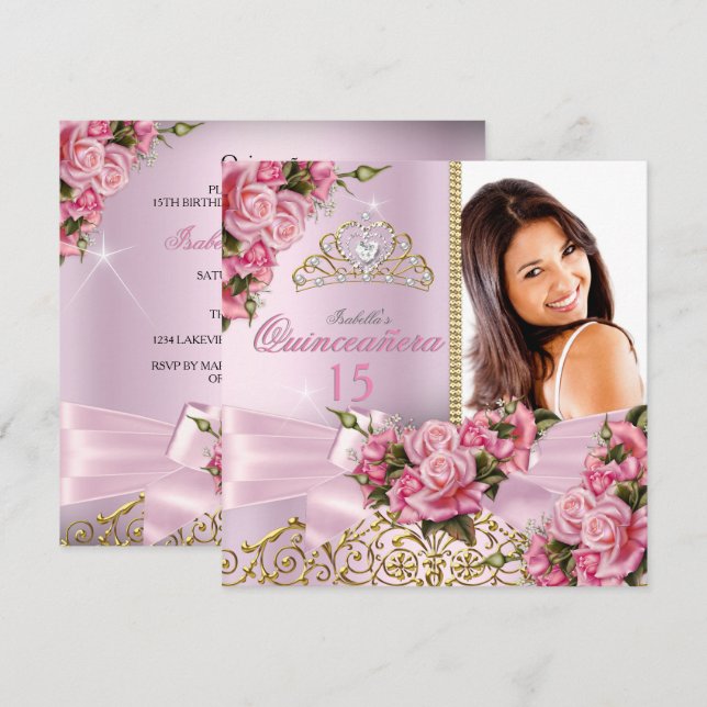 Invitation Couronne de roses roses pour Quinceanera Photo Ann (Devant / Derrière)