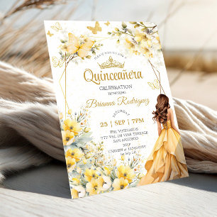 Invitation Couronne de Tiara Florale Papillon Jaune Doré Quin