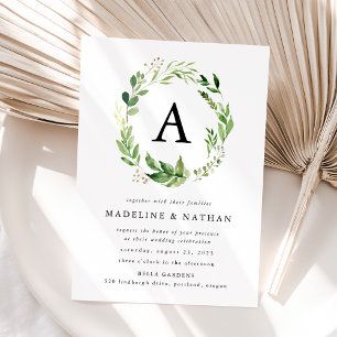 Invitation Couronne de verdure à l'aquarelle Monogramme Maria
