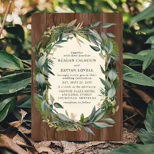 Invitation Couronne de verdure et mariage rustique en bois da