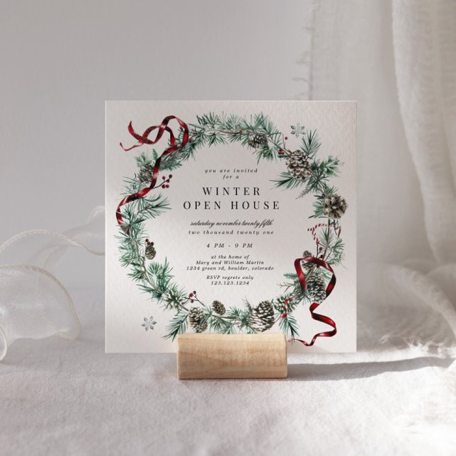 Invitation Couronne de verdure Ruban Rouge Maison Ouverte Car (Créateur téléchargé)