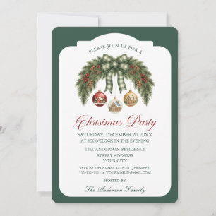 Invitation Couronne de verdure rustique à carreaux de Noël