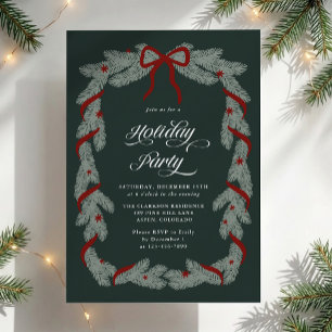 Invitation Couronne de verdure vert foncé avec nœud rouge pou