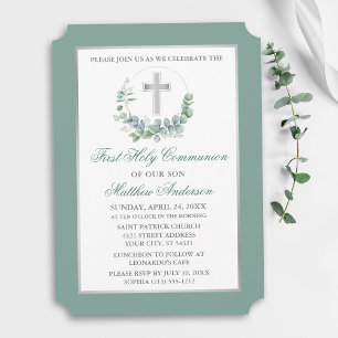 Invitation Couronne d'eucalyptus aquarelle Communion argentée