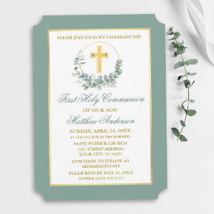 Invitation Couronne d'eucalyptus aquarelle Communion Or