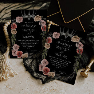 Invitation Couronne d'Halloween Rose & Fleurs Noires Mariage 