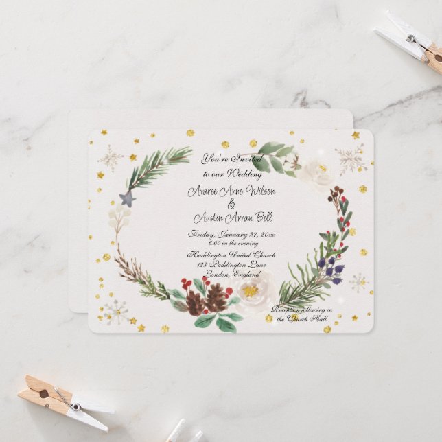 Invitation Couronne d'hiver de cônes de pin et de houx (Devant/Arrière en situation)