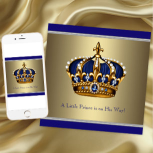 Invitation Couronne d'or Bleu Petit Prince Garçon Baby Shower