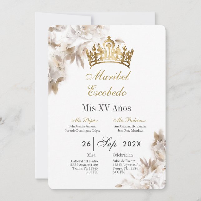 Invitation Couronne d'or quinceañera (Devant)