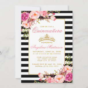 Invitation Couronne d'or Quinceanera Florale rose rayée